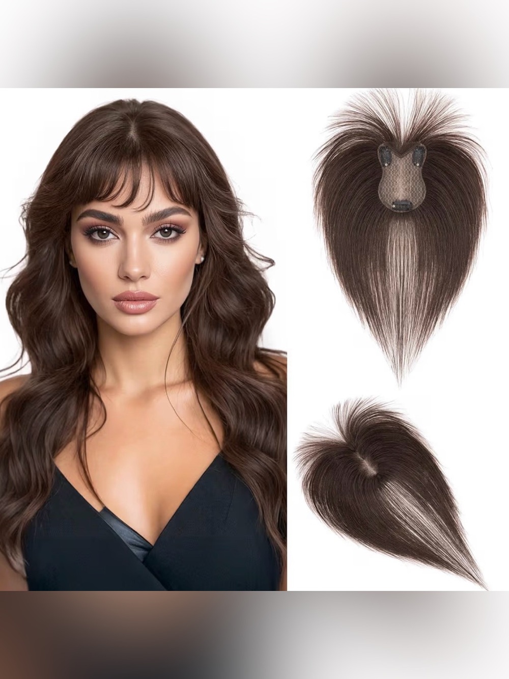 ⭐️ 11” Dark Brown Human Hair Topper with Bangs Hair Extensions #TF4‎